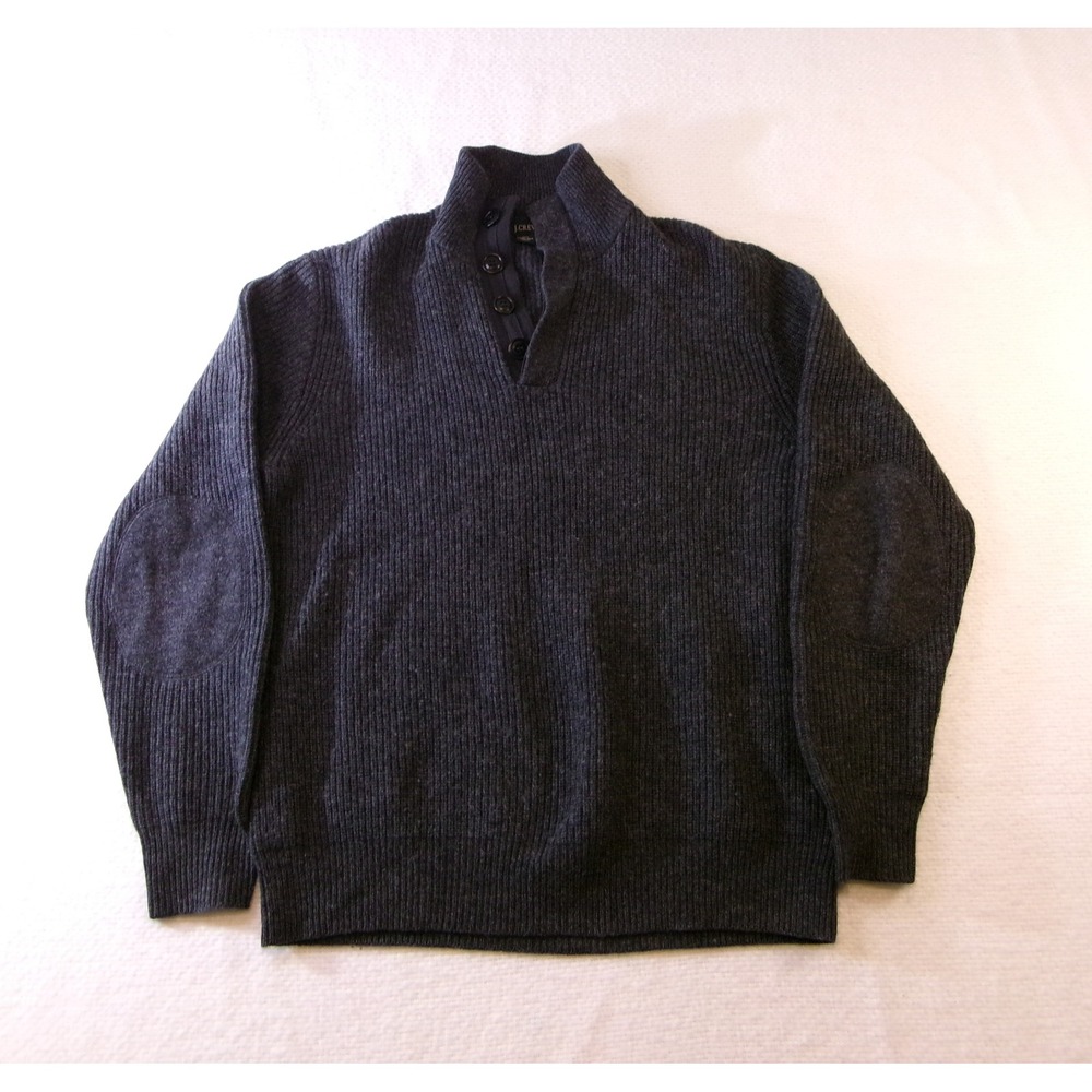 J.Crew Mens Charcoal Gray 100% Lambswool Ribbed Mock Neck Henley Sweater M 79673